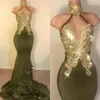 2020 Koyu Yeşil Gelinlik Modelleri Yüksek Boyun Dantel Aplikler Sequins Pleats Mermaid Abiye giyim Custom Made Vestidos de Fiesta