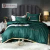 LIV-ESTHETE 100% seda verde oscuro juego de cama bordado edredón cubierta plana lino lino doble reina rey para adulto