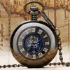 Steampunk Black Roman Number Cover Watches Unisex Skeleton Hand Winding Mechanical Pocket Watch Pendant Chain for Men Women Gift