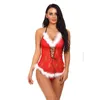 Body en maille de dentelle florale rouge pour femmes avec des liens à lacets sur le devant et une bordure floue blanche Sexy Red Christmas Holiday Festive Sheer Lingerie S-XXL