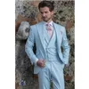 Haute Qualité Un Bouton Bleu Clair Mariage Marié Tuxedos Peak Revers Garçons D'honneur Hommes Costumes De Bal Blazer (Veste + Pantalon + Gilet + Cravate) W87