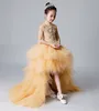 Ładne złote rękawy Aplikacje Koraliki Dziewczyna Korant Suknie Kwiat Girl Dresses Princess Party Dresses Child Spódnica Custom Made 2-14 H317497