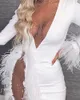 Robes décontractées maille insérée embellie robe de soirée femmes Sexy voir à travers la discothèque plume blanche Mini11