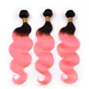 Capelli umani malesi Ombre Rose Gold Body Wave 3 Bundles con frontale # 1B / Ombre rosa capelli umani tesse con chiusura frontale in pizzo 13x4