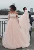 2024 Baby Pink Quinceanera Ball Gown Dresses Off Shoulder Lace Appliques Tulle Long Sleeves Sweet 16 Floor Length Party Prom Evening Gowns 403