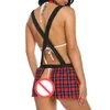 Sexy School Girl Uniform Costumes Lace Bra and Suspender Plaid Pleated Skirt Neck Ties Lingerie Costume Set Women Cosplay Clubwear Black White Multicolor