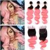 Virgin Peruvian Ombre Pink Human Hair Body Wave Weave Bundles 3Pcs and Closure #1B/Rose Gold Ombre Hair Wefts with 4x4 Lace Closure