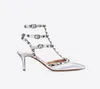 Hot Sale- Pointed Toe Studs Patent Leather rivets Sandals Women Studded Strappy Dress Shoes valentine 10CM 6CM high heel ShoesC00252