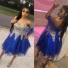 Gorgeous Royal Blue Sweetheart Tulle Homecoming Dresses Sweet 16 Lace-Up Back Short A Line Prom Klänningar med Guld Appliques Lace Pärlor Q43