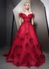 Red Ziad Nakad Feather Evening Dresses Off The Shoulder A Line Plus Size Prom Gowns Sweep Train Satin Formal Dress