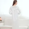 European Style Brand Women Sweet Pleated Sleeping Dress White Retro Long Sleeve Princess Pure Cotton Vintage Nightgown Sleepwear11191I