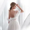 Utanför axeln Sheer Neck Prom Klänningar Ruffle Lignt Champagne Lining Lace Formell Eveing ​​Party Gown Lace-up Backless Bridal Gown