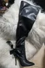 Hot New Woman Nero Grandi fiocchi Indietro Punta a punta Stivali alti alla coscia Slim Sexy Lady Tacchi sottili sopra gli stivali al ginocchio Big Size 44