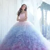 2018 Ombre Ballkleid Quinceanera Kleider herzförmiger Ausschnitt Abendkleider Kapellenlänge Tüll Rüschen Sweet 16 Kleid Vestidos 15 Jahre