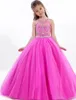 Gorąca różowa sukienka z konkursami z koralikami dla małych dziewcząt Pełna spódnica długa tiulowa suknia dla dzieci