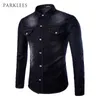 New Black Jeans Shirt Men Autumn Fashion Double Pocket Demin Shirt Casua Slim Fit Shirts Chemise Homme Marque2270