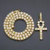 Or argent couleur bling bling bijoux hip hop égyptien Ankh clé de vie croix pendentif colliers cubique zircone long collier