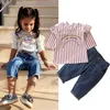 Criança crianças Baby Girl Ruffles roupa listrada 2pcs set meninas bebê Blusa T-shirt Tops Denim Calças Jeans Conjuntos Roupa 1-6Y