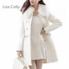 Lisa Colly Bahar Sonbahar kadın Kürk Yaka Kruvaze Mont Dış Giyim Yüksek Kaliteli Kadın Beyaz Siyah Yün Ceket Ceket V191029
