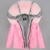 pink grey fox fur trim hoody Women down coats Maomaokong brand pink rabbit fur lined grey mini parka