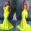 Sexy Amarelo Simples Sereia Vestidos de Baile Baratos Backless Satin Halter Longo Vestido de Noite Sweep Trem Formal Vestidos de Festa ogstuff Abendkleider