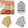 Dents en cuivre plaqué or 18 carats Bretelles Punk Hip Hop Diamant Dents simples Grillz Bouche dentaire Fang Faux Grills Capuchon de dent Cosplay Rappeur Bijoux