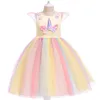 Nowe modne dziecięce ubrania markowe sukienki dla dziewczynek jednorożec księżniczka sukienka kwiatowe sukienki dla dzieci Rainbow długie sukienki wizytowe
