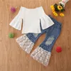 Vêtements d'été pour bébés filles, chemise élastique à épaules dénudées + pantalon en jean en dentelle perlée, ensemble de 2 pièces