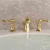 European Golden Color Basin Faucet Antiqued Design Bathtub Faucets 2 Handles 3 Holes Mixer Gold Taps Deck Mounted Bathrrom Water Tap