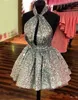 Sparkly Silver Sequined cocktail Homecoming Dresses Halter Sexy Backless Short Prom Hollow Front Formal Party8487034