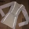 Women Fashion Reflective Striped Patchwork Twee stukken Set White Full Sleeve Crop Top Bottom Rooks Outfit Tracksuit