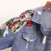 Cappotto da donna in jeans da donna primavera autunno New Heavy Stereo Paillettes ricamate a fiori Giacche in denim Cappotti basic per studenti