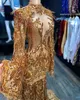 Arabisch ASO EBI Gold Avond Pageant Jurken 2021 Real Image Luxe Veer Lange Mouw Hoge Neck Mermaid Prom Reception Town