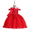 2020 billig rosa röd spets blomma flicka klänningar kall axel pärlor båge applique party dress kids toddler första kommunion klänning för bröllop