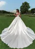 A Elegant Satin Line Dresses Sheer Neck Cap Sleeves 3D Floral Lace Applique Sweep Train Wedding Dress Bridal Gowns with Button Back pplique