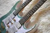 Factory Double Neck Green Electric Guitar with 612 StringsThe Tree of Life Fret InlayWhite Pearl PickguardCan be Customized2280264