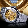 Forsining 2018 Silver Stainless Steel Gear Case Golden Skeleton Clock Relógios mecânicos Hand201W de luxo de luxo da marca
