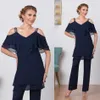 Cheap Mother Off Bride Dresses Pant Suits Navy Blue V Neck Off Shoulder Chiffon Plus Size Two Pieces Custom Wedding Guest Evening Gowns