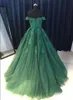 2020 di modo di arrivo lungo Prom Dress con pizzo Appliques in rilievo largo della spalla sweep treno Abiti Verde convenzionali del partito