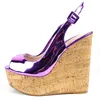 Sandały Kobiety Cork Wedge Lato Slingback Metalowe Lustro Peep Toe Platforma High Heels Buty Damskie Party Wygodne obcasy1