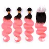 # 1B / Rose Ombre Body Wave Indien Cheveux Humains 3Bundles et Fermeture Ombre Rose Or Ondulé Weave Wefts Racines Noires avec Fermeture en Dentelle 4x4