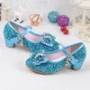 Spring Kids Girls Shoes High Heels For Party Sequined Blue Pink Sandals Ankle Strap Snow Queen Children Girls Shoes