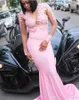 Rosa Satin Langarm Elegante Abendkleider Stehkragen Meerjungfrau Schwarze Mädchen Ballkleider 2020 Neue afrikanische Party Kleid für besondere Anlässe Perlen