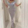 Seksowna Silver Maxi Sukienka Kobiety Tassel Cekiny Deep-V Bodycon Sukienka Off Ramię Długi Rękaw Wedding Party Długi