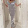 Sexig Silver Maxiklänning Kvinnor Tofs Paljett Deep-V Bodycon Klänning Off Shoulder Långärmad Bröllopskväll Lång