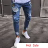 Men Hot Ripped Jeans Knee Holes Draped Long Pencil Pants Zippers Design Male Long Trousers