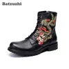 Batzuzhi Botas de cuero genuino para Hombre, Botas de moto con punta redonda, Botas a la moda para Hombre, Botas para Hombre, pasarela, Bota corta para fiesta para Hombre