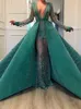 Dubai Arabiska Overskirts Evening Dresses Deep V Neck Stora Beading Illusion Full Sleeves Prom Klänning Muslim Se genom Robe de Soiree