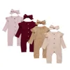 Nyfödd Solid Romper Spädbarn Jumpsuits + Bowknot Headband 2PCS / Set Bomull Långärmad Singelknapp Ruffle Jumpsuit Kids Outfits M683