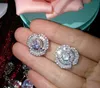 Super Shinning Luxe Sieraden Real 925 Sterling Silver Princess Cut White Topaz CZ Diamond Gemstone Camellia Dames Bloem Stud Earring Gift